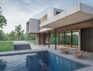 casa moderna che si affaccia su piscina